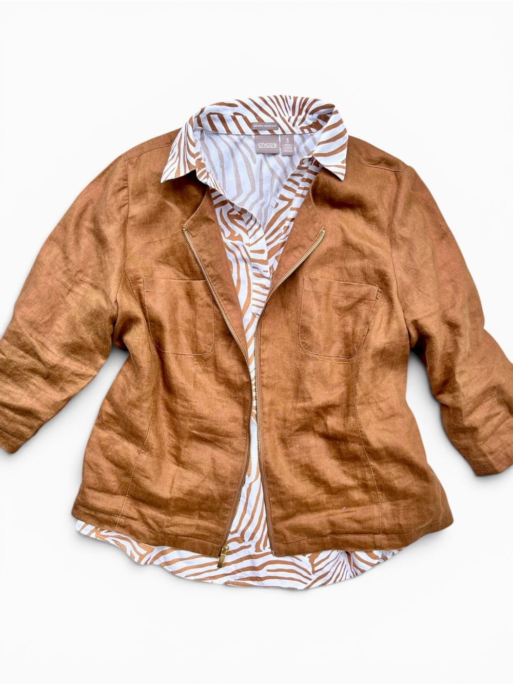 Chico's 3-Piece Outfit: Rust Linen Jacket (XL) Zebra Shirt (XL) Juliet Pants (L) - Picture 3 of 16